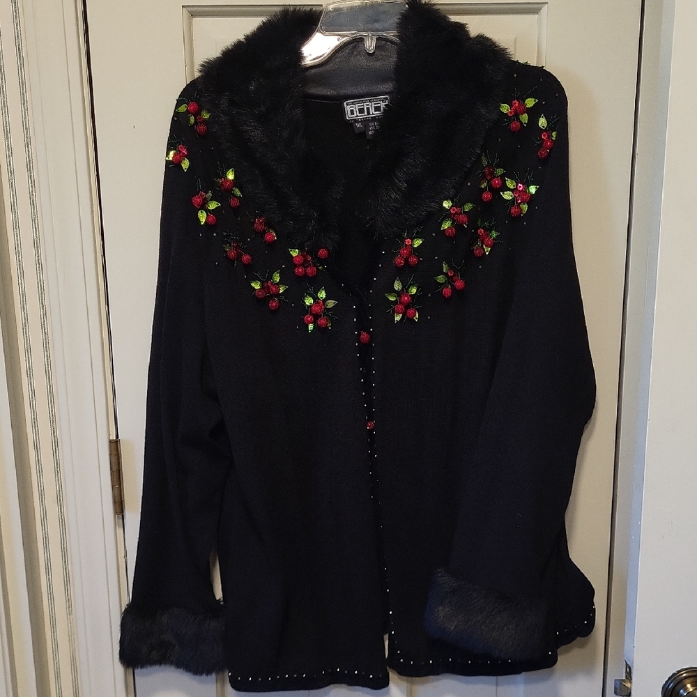 Berek Elegant Black Garment with Textured Detail and fur Collar And Cuffs